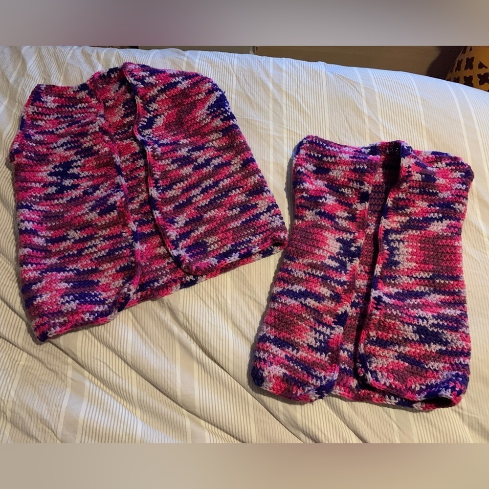 Handmade mommy and me matching crocheted vest size woman’s S, kids size 5-6.
